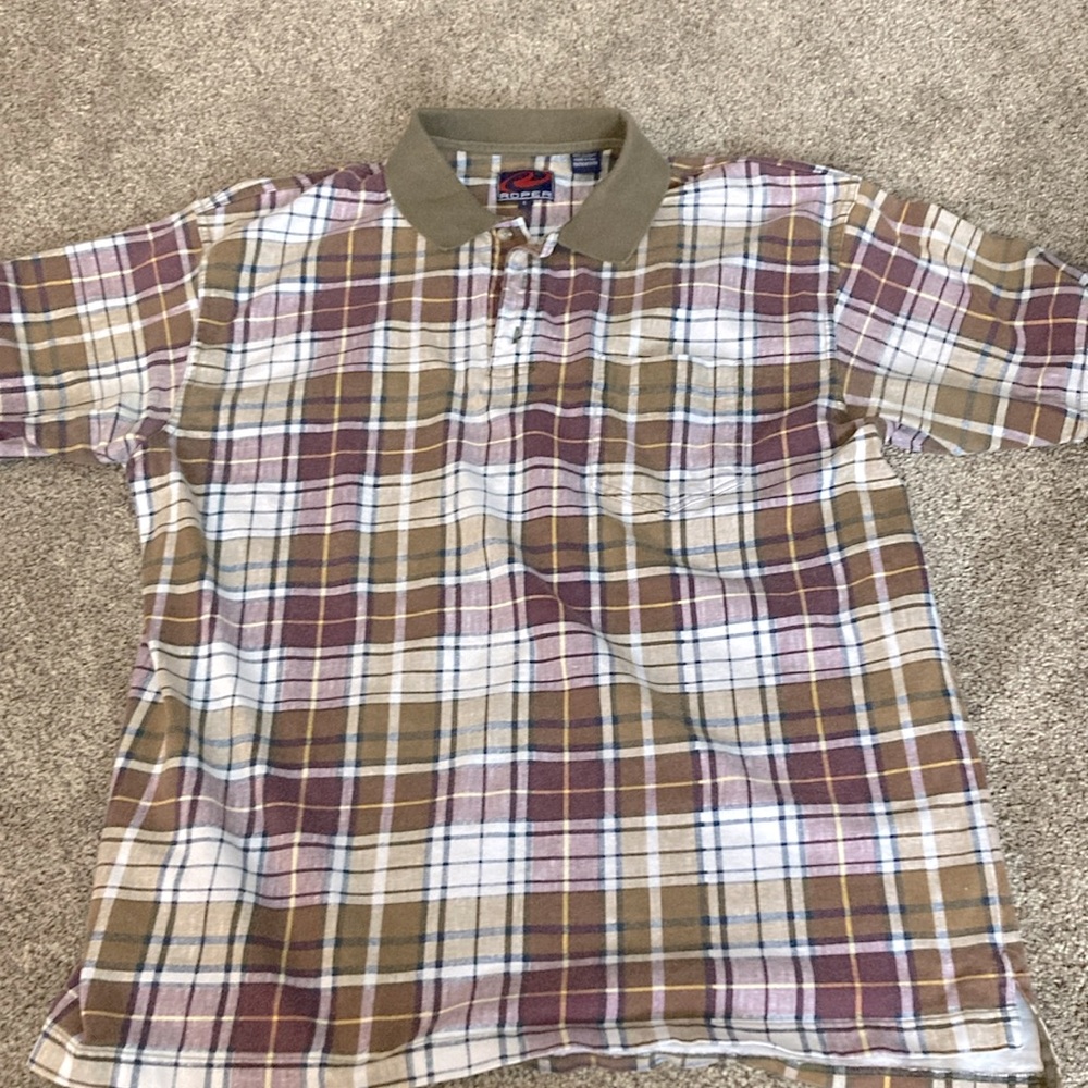 VTG Roper mens golf polo sz l plaid olive & purple 100 percent cotton